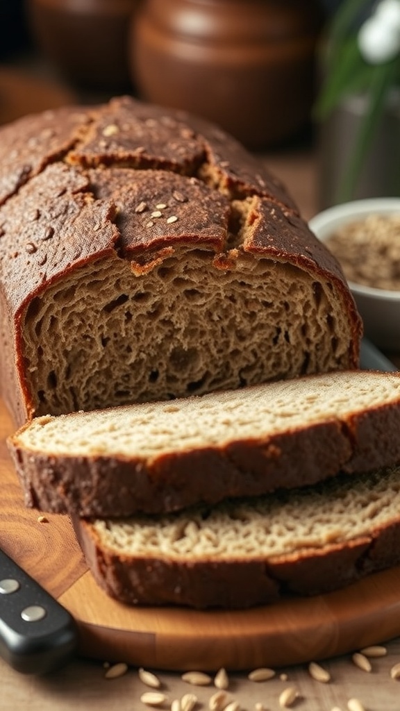 100% Rye Sourdough Bread Recipe A rustic loaf of 100% rye sourdough bread on a wooden board, showcasing its dark crust and dense crumb.